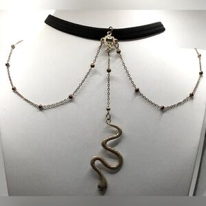 GOLDTONE BLACK STRETCH COLLAR HANGING SNAKE CHAIN NECKLACE GOTH WITCHY